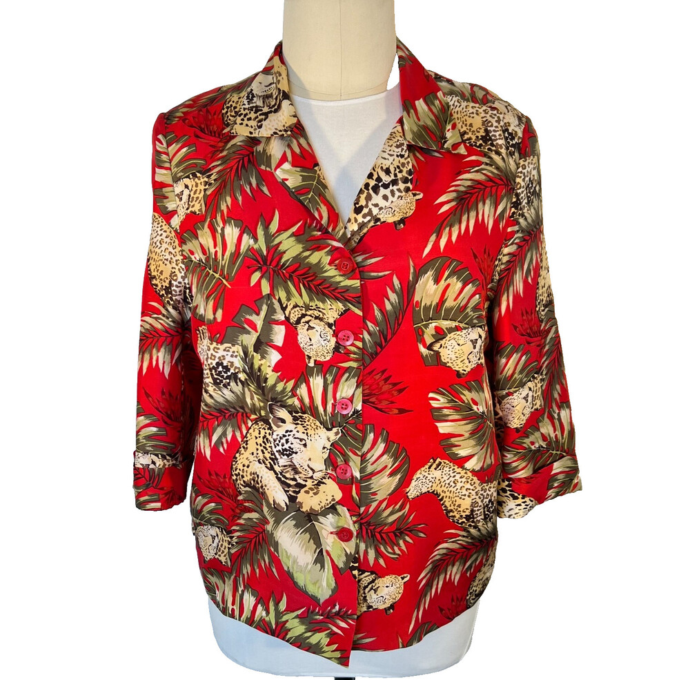 Silkland - Women's 2X Blazer Dinner Jacket Red Leopard Jungle Print Silk 3/4 Slv